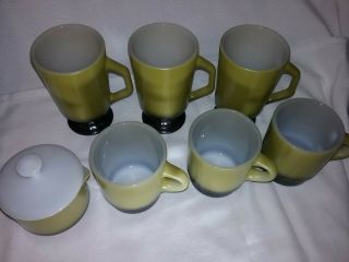 Vintage FireKing Milk Glass Green Black Stackable Coffee 6 Mug Set,  Creamer USA 2