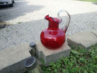 Vintage Blenko Ruby Red Large Hand - Blown Glass Pitcher W/clear Applied Handle.