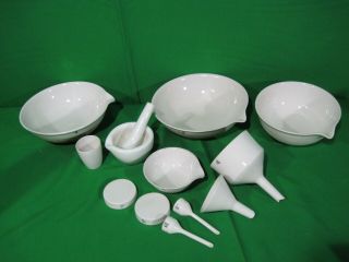 Vintage Set Porcelain Coors Pharmaceutical Bowls Pestle Funnel Apothecary Items