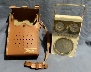Vintage Zenith Royal 500 Transistor Radio White W/case Long Distance Owl Eyes