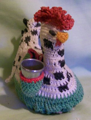 Vintage Hand Made Crocheted Chicken Pin Cushion With Thimble Holder,  Cond.