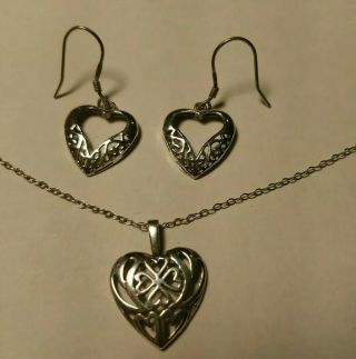 Vtg.  Navajo Ben Yazzie Sterling Silver Heart Pendant Necklace & 925 Earrings Jc