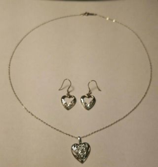 Vtg.  Navajo Ben Yazzie Sterling Silver Heart Pendant Necklace & 925 Earrings JC 2