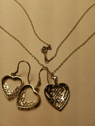 Vtg.  Navajo Ben Yazzie Sterling Silver Heart Pendant Necklace & 925 Earrings JC 3