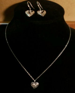 Vtg.  Navajo Ben Yazzie Sterling Silver Heart Pendant Necklace & 925 Earrings JC 4