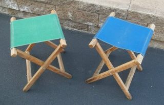 2 Vintage Wood & Canvas Folding Stools Chairs Camping Fishing Hunting Sports