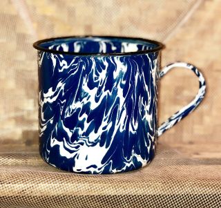 Vtg Graniteware Cobalt Blue White Marbled Swirl Cup Mug Metal Enamelware 26 Oz