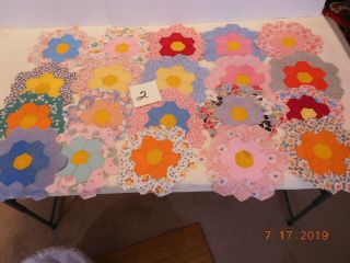 20 Hand Sewn Vtg Grandma Flower Garden Pattern Feedbag Feedsack Quilt Patches 2