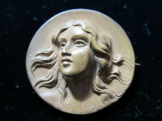 Antique 1890’s Art Nouveau Lady Head Motif Bronze Pin Brooch