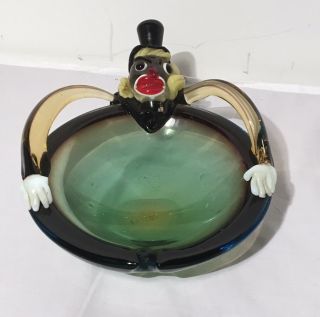 Vtg Murano Art Glass Clown Ashtray Bowl 7.  5 " X 7 " Top Hat Green