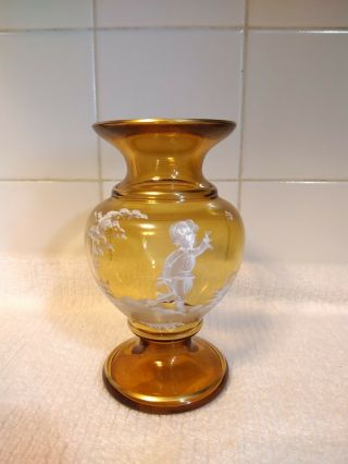 Vintage Fenton Amber Mary Gregory Hand Painted Vase Girl Chasing Butterfly