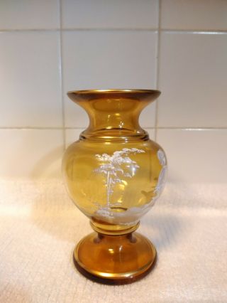 Vintage Fenton Amber Mary Gregory Hand Painted Vase Girl Chasing Butterfly 2
