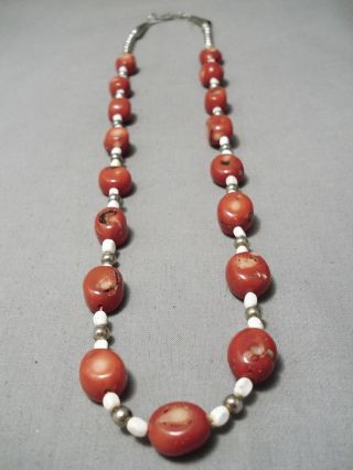 Rare Vintage Navajo White Buffalo Turquoise Coral Sterling Silver Necklace