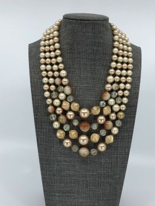 L@@k Vintage Signed Japan Faux Pearl & Glass Beaded Multi Strand Necklace