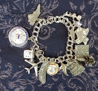 Vintage Sterling Silver Charm Bracelet,  12 Charms,  45 Grams - State Maps Jp Jmf