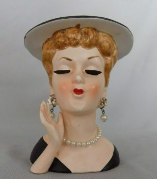 Vintage Lee Wards Japan Lady Head Vase - Black Hat,  Dress W/ Pearl Jewelry