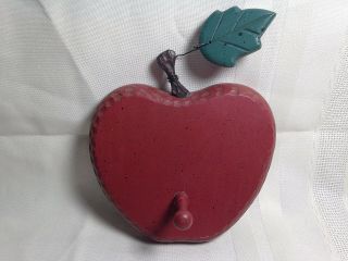 Vintage Red Wooden Apple Wall Hook With Green Leaf On A Wire Country Home Decor