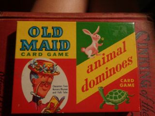 Vintage Dual Card Games Old Maid And Animal Dominoes Box