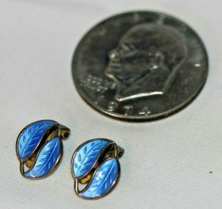 Vintage David Andersen Blue Enamel Double Leaf Sterling Silver Earrings Norway