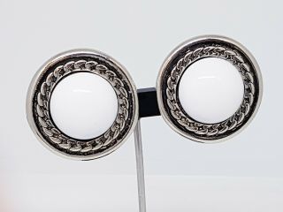 White And Silver Large Round Button Plastic Clip On Earrings Retro Vintage