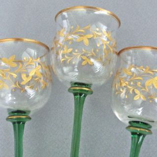 3 Vintage Bohemian Gilt Engraved Clear Crystal Green Stem Cordials Moser Style