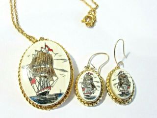 Etched Faux Scrimshaw Boat On Water Tall Ship Pin Pendant Earrings Vintage Set