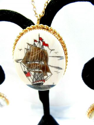 ETCHED FAUX SCRIMSHAW BOAT ON WATER TALL SHIP PIN PENDANT EARRINGS VINTAGE SET 4