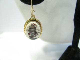 ETCHED FAUX SCRIMSHAW BOAT ON WATER TALL SHIP PIN PENDANT EARRINGS VINTAGE SET 6
