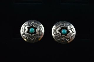 Vintage Sterling Silver Round Earrings W Turquoise Bead - 4g