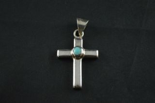 Vintage Sterling Silver Cross Pendant W Turquoise Stone Inlay - 9g