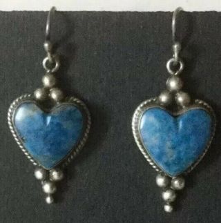 Denim Blue Lapis Heart Dangle Drop Sterling Earrings Don Lucas Style - Vintage