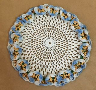 Vintage Hand Crocheted Doily,  Round,  Flower Design,  Off White,  Blue,  Yellow