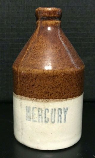 Vintage Mercury Stoneware Crock Jar Medical Pharmacy 3.  5 " Pottery Bottle