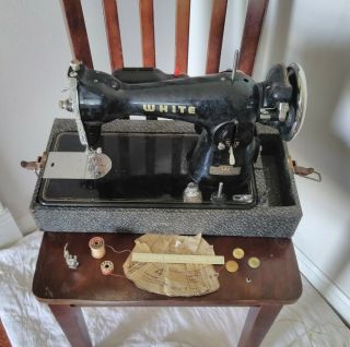 Vintage White Rotary Sewing Machine E - 6354 Buttonholer Black With Ornate Design
