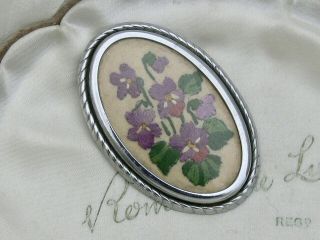 Large Vintage Oval Embroidered Violets Framed Brooch Pin Suffragette Colours