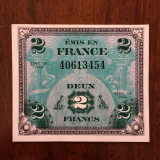 Ww2 France Allied Military 2 Francs 1944 P - 114a Vintage Amc Currency Note - Unc.