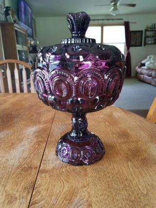 Vtg Le Smith 10 " Lidded Amethyst Purple Moon And Stars Footed Compote Candy Dish