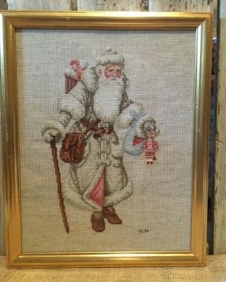 Vintage Father Christmas Completed Cross Stitch Framed Victorian Santa