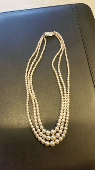 Vintage Pearl Necklace 3 Strand Cream Pretty Crystal Clasp 16 " Lovely