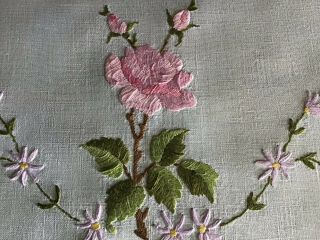 Gorgeous Vintage Linen Hand Embroidered Tray Cloth Pink Roses