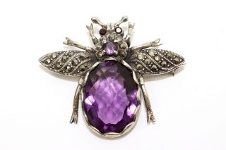 A Large Vintage Sterling Silver 925 Faceted Amethyst Marcasite Fly Brooch