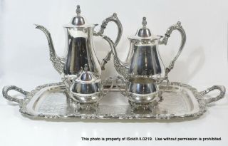 6 - Pc Vintage Oneida Silverplate Tea & Coffee Service Teapot Creamer Sugar Tray