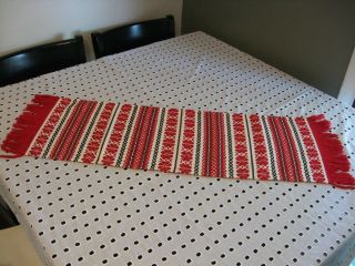 Vintage Hungarian Embroidery Table Runner 32 X 11 Fringe Red White Black