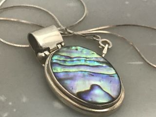 Mexico Large Abalone Shell Pendant Necklace 925 Sterling Vtg