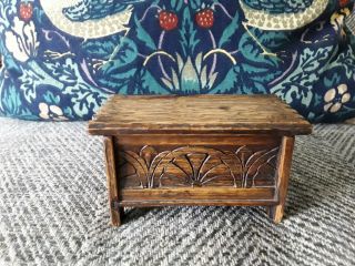 Vintage Antique Arts Crafts Miniature Hand Made Wooden Carved Trunk Bedding Box