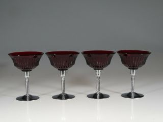 Set Of 4 Vintage Deco Chromium & Red Ribbed Glass Cocktail Glasses C.  1940