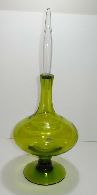 Footed Vintage Green Blenko Decanter Husted Art Glass Stopper With Sticker