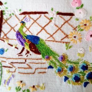 Gorgeous Vintage Peacock/ Arbor/ Hollyhocks Hand Embroidered Doily