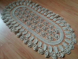 Vintage Floral Handmade Oval Crochet Lace Tablecloth Ecru,  30 " X16 "