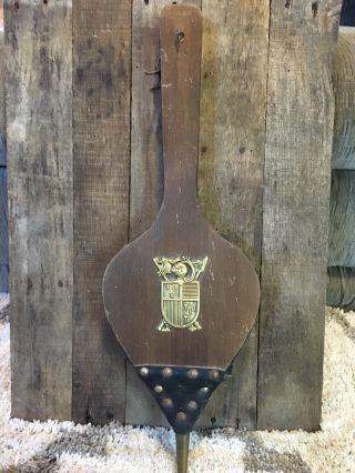 Vintage Wood Leather & Brass Fireplace Bellows W/ Brass Coat Of Arms
